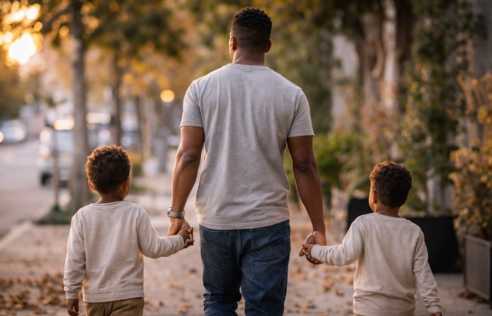 ather walking with young children symbolizing family legacy and inheritance