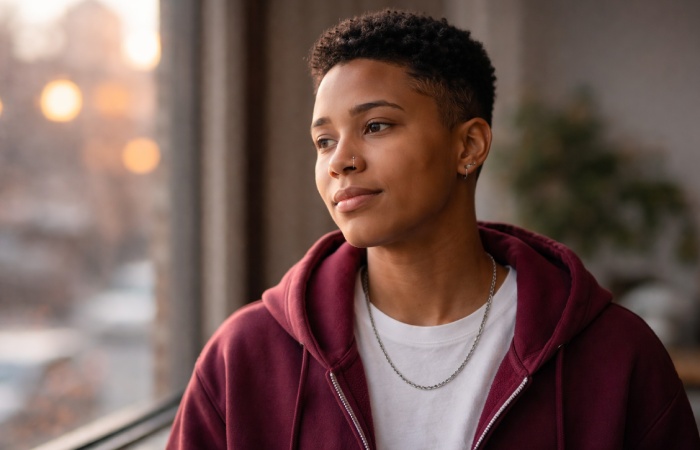 artistic portrait representing a young adult reflecting on identity and personal life journey