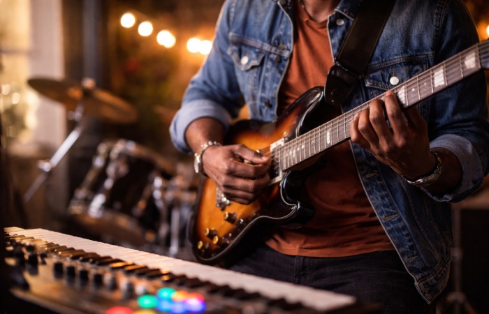 musician playing guitar representing musical scales and music theory inspiration